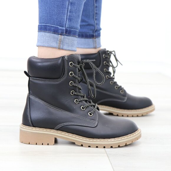 Woman's Faux Leather Lug-Sole Combat Ankle Boots - Picture 6 of 12